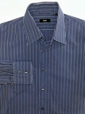 HUGO BOSS Blue Gray Stripe Cotton Men's Dress Shirt 16 32/33